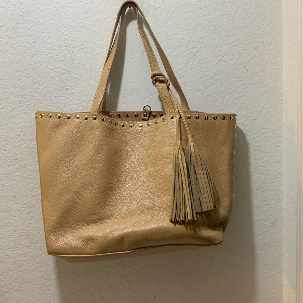 Laggo Remy Tan Pebble Leather Tote Gold Studs Tassel
